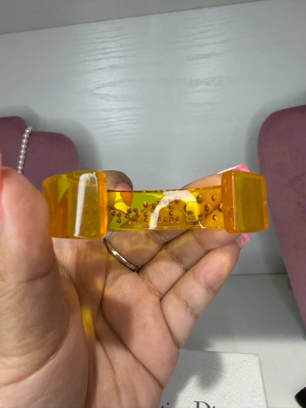 Dior Yellow Lucite Cuff with Pink Crystal Embellishments - Picture 4 of 7